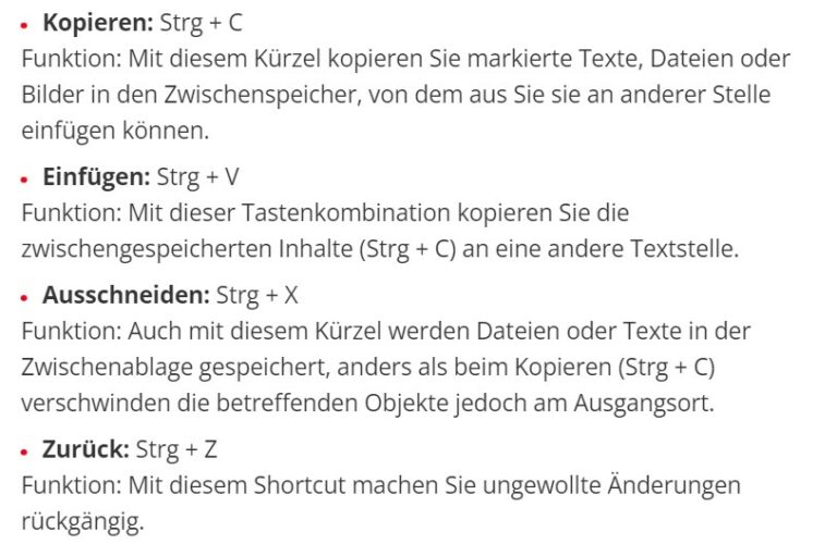 Wichtige Tastaturkürzel