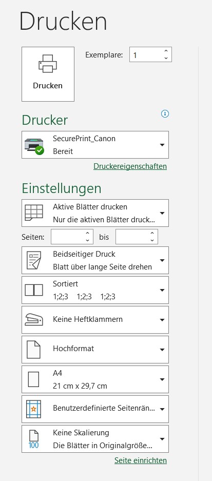 Druckoptionen in Excel